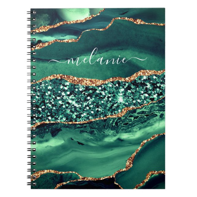 Agate Green Gold Glitzer MarmorNotebook Ihr Name Notizblock (Vorderseite)