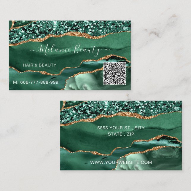 Agate Green Gold Glitzer QR Code Business Card Visitenkarte (Vorne/Hinten)