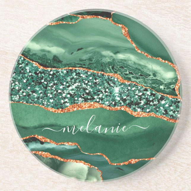 Agate Green Gold Sparkle Marmor Untersetzer Ihr Na (Vorne)