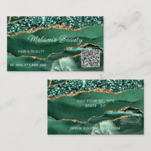 Agate Green Gold Sparkle QR Code Business Card Visitenkarte