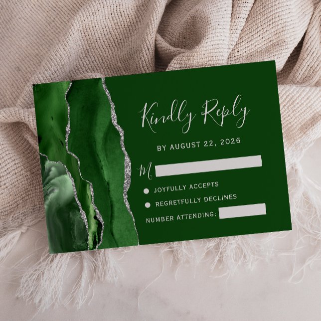 Agate Hunter Green Silver Wedding RSVP Karte (Von Creator hochgeladen)