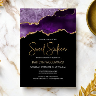 Agate Lila Gold Dark Sweet 16 Geburtstagsparty Einladung