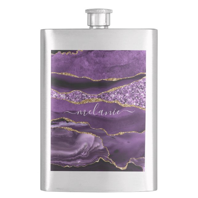 Agate Lila Gold Glitzer Individuelle Name Flask Flachmann (Vorderseite)