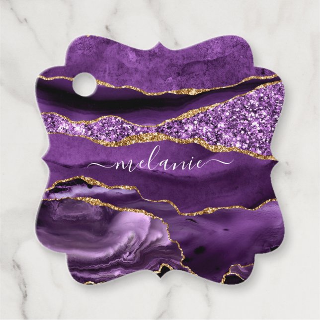 Agate Lila Gold Glitzer Individuelle Name Geschenk Geschenkanhänger (Vorderseite)