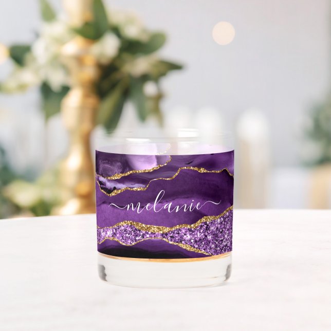 Agate Lila Gold Glitzer Marble Individuelle Name Whiskyglas (Insitu (Hochzeit))