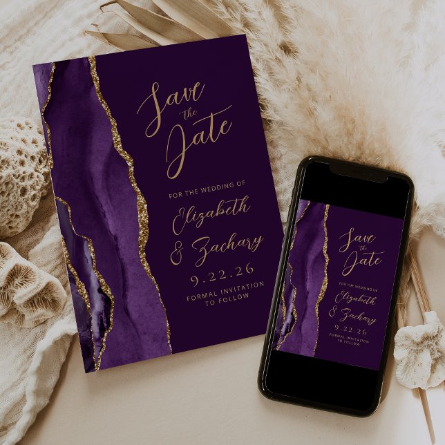 Agate Lila Gold Pflaume Moderne Script Wedding Save The Date (Von Creator hochgeladen)