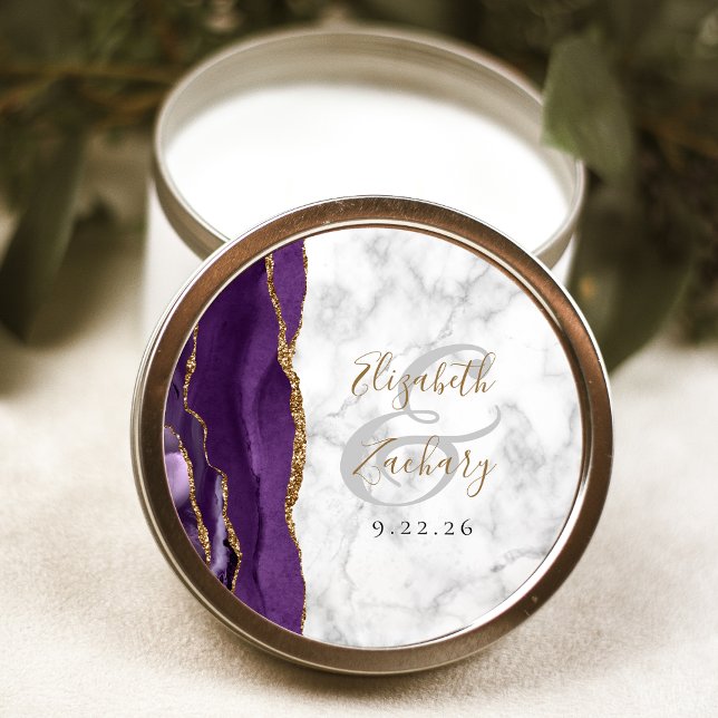 Agate Lila Gold Script Marble Wedding Runder Aufkleber (Von Creator hochgeladen)