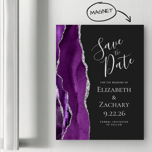 Agate Lila Silber Dunkelmagnetisch Save the Date Magnetkarte (Von Creator hochgeladen)