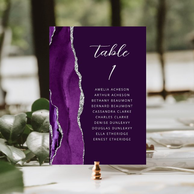 Agate Lila Silver Modern Script Plum Wedding Tischnummer (Von Creator hochgeladen)