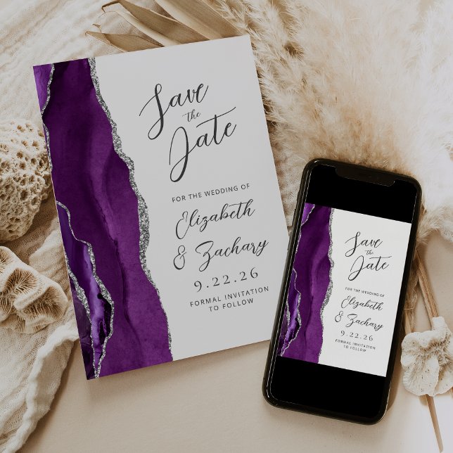 Agate Lila Silver Modern Script Wedding Save The Date (Von Creator hochgeladen)