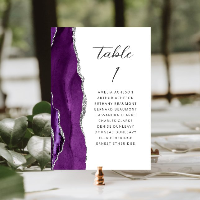 Agate Lila Silver Modern Script Wedding Tischnummer (Von Creator hochgeladen)