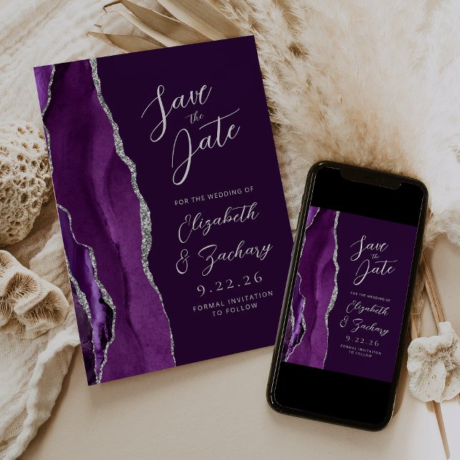 Agate Lila Silver Plum Script Wedding Suite Save The Date (Von Creator hochgeladen)