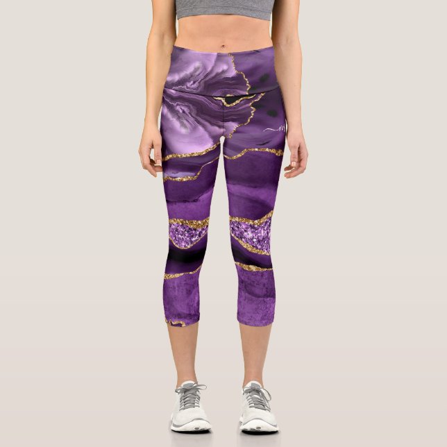 Agate Lila Violet Gold Glitzer Geode Ihr Name Capri Leggings (Vorderseite)