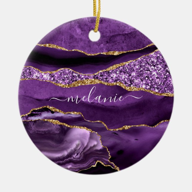 Agate Lila Violet Gold Glitzer Geode Individuelle  Keramik Ornament (Vorne)