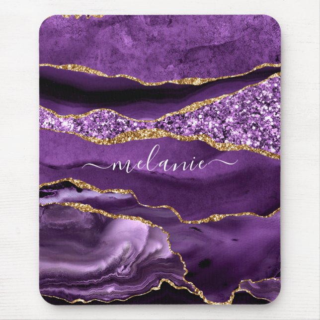 Agate Lila Violet Gold Glitzer Geode Individuelle  Mousepad (Vorne)