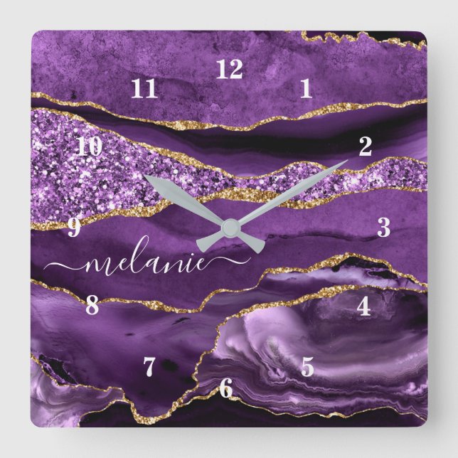 Agate Lila Violet Gold Glitzer Geode Individuelle  Quadratische Wanduhr (Vorderseite)