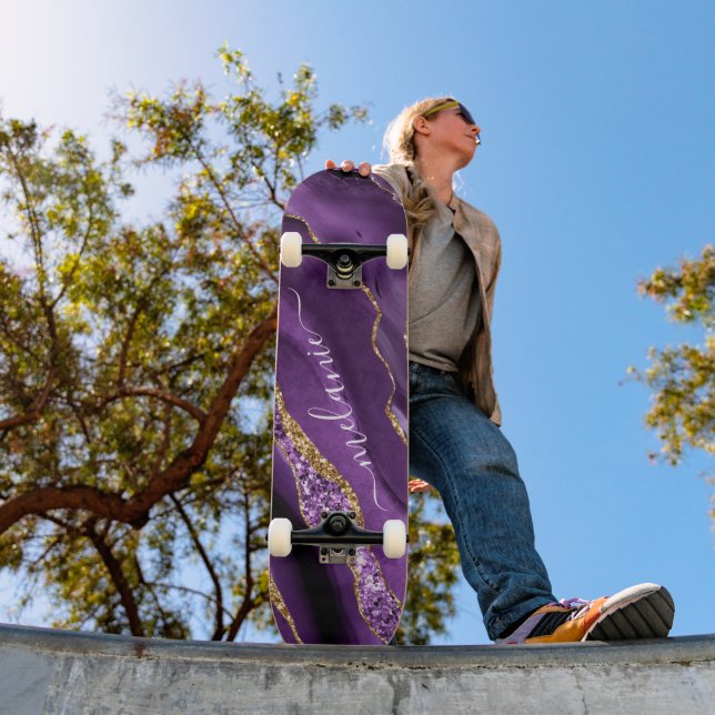 Agate Lila Violet Gold Glitzer Geode Individuelle  Skateboard (Außen 1)