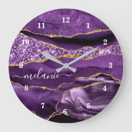 Agate Lila Violet Gold Glitzer Geode Name Clock Große Wanduhr