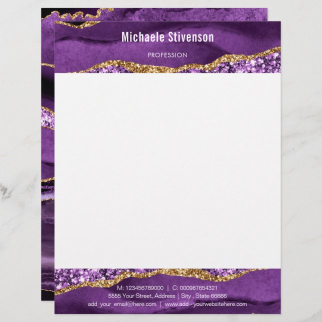 Agate Lila Violet Gold Glitzer Modern Letterhead Briefbogen (Vorne/Hinten)