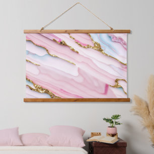 Agate Marble Trendy Blue Pink Gold Collection Wandteppich Mit Holzrahmen