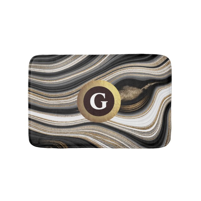 Agate-Monogramm für Schwarz-weiße und goldene Flüs Badematte (Vorderseite)