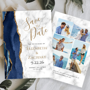 Agate Navy Blau Gold Marmor 5-Foto Save the Date Einladung