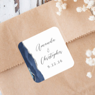 Agate Navy Blau Silber Schrift Hochzeit Quadratischer Aufkleber