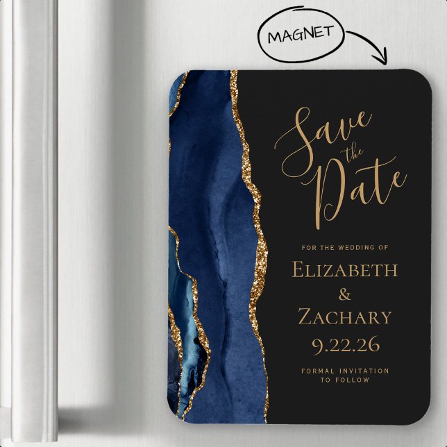 Agate Navy Blue Gold Dark Save the Date Magnet (Von Creator hochgeladen)