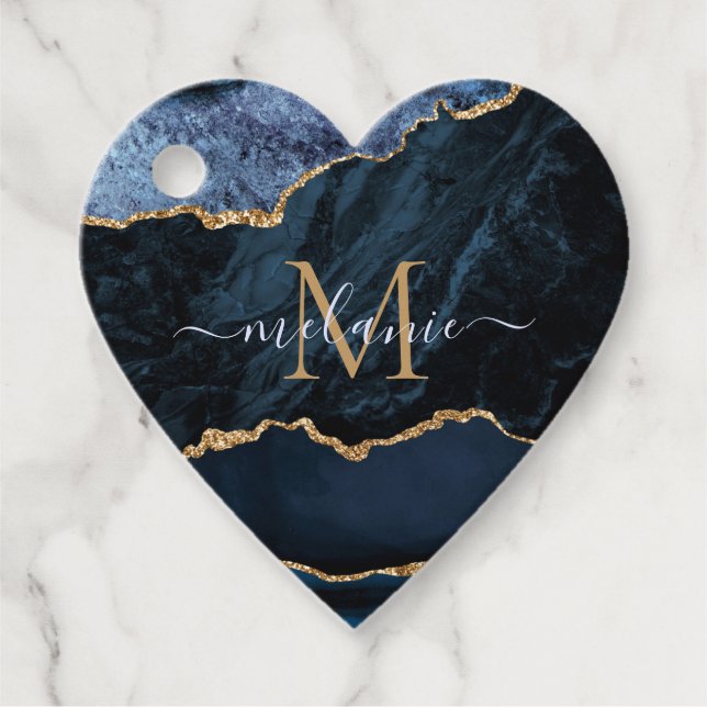 Agate Navy Blue Gold Edelstein Marmormonogramm Geschenkanhänger (Vorderseite)