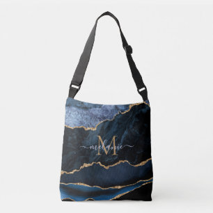 Agate Navy Blue Gold Edelstein Marmormonogramm Tragetaschen Mit Langen Trägern