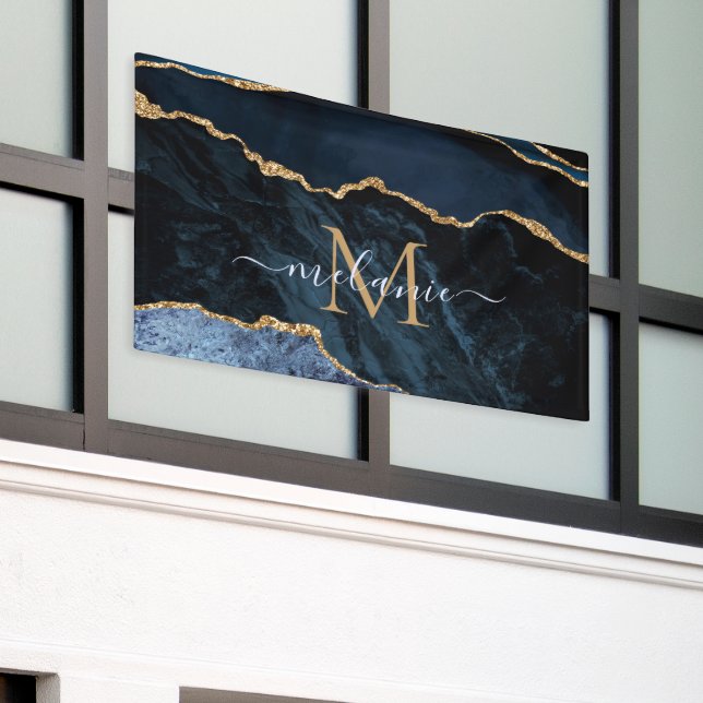 Agate Navy Blue Gold Gemstone Marmormonogramm Name Banner (Äußeres Gebäude)