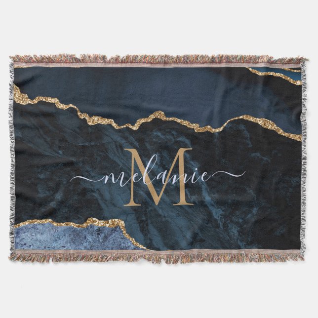 Agate Navy Blue Gold Gemstone Marmormonogramm Name Decke (Vorderseite)