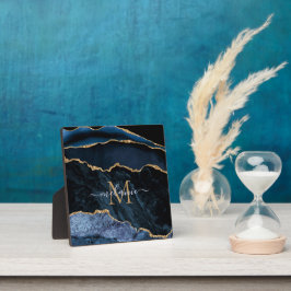 Agate Navy Blue Gold Gemstone Marmormonogramm Name Fotoplatte