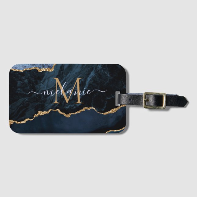 Agate Navy Blue Gold Gemstone Marmormonogramm Name Gepäckanhänger (Vorderseite (Horizontal))