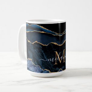 Agate Navy Blue Gold Gemstone Marmormonogramm Name Kaffeetasse