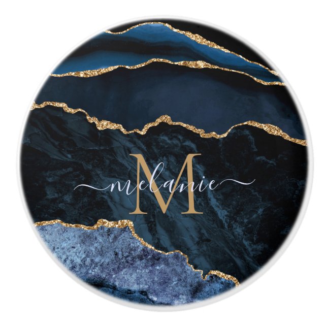 Agate Navy Blue Gold Gemstone Marmormonogramm Name Keramikknauf (Vorderseite)