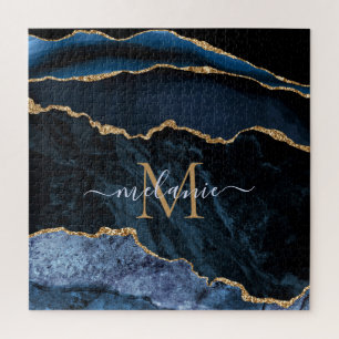 Agate Navy Blue Gold Gemstone Marmormonogramm Name Puzzle