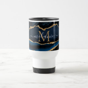 Agate Navy Blue Gold Gemstone Marmormonogramm Name Reisebecher