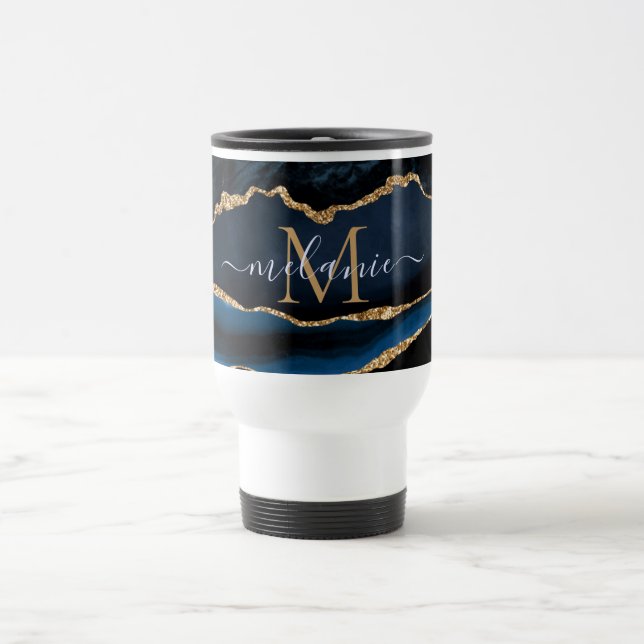 Agate Navy Blue Gold Gemstone Marmormonogramm Name Reisebecher (Mittel)