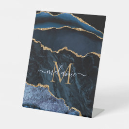 Agate Navy Blue Gold Gemstone Marmormonogramm Name Sockelschild