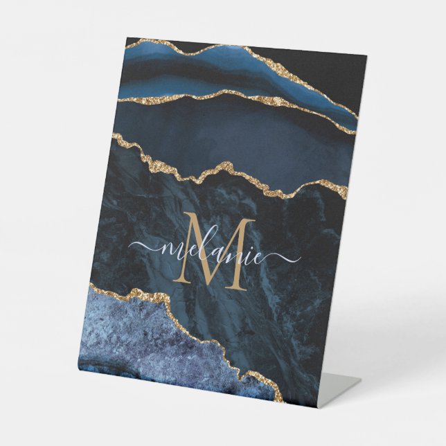 Agate Navy Blue Gold Gemstone Marmormonogramm Name Sockelschild (Vorderseite)