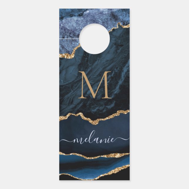 Agate Navy Blue Gold Gemstone Marmormonogramm Name Türanhänger (Vorderseite)