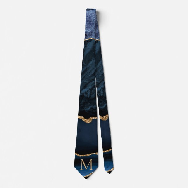 Agate Navy Blue Gold Gemstone Monogram Neck Tie Krawatte (Vorderseite)