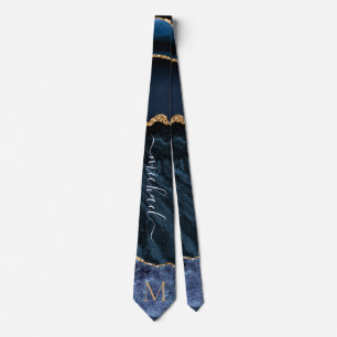Agate Navy Blue Gold Gemstone Neck Tie - Monogram Krawatte