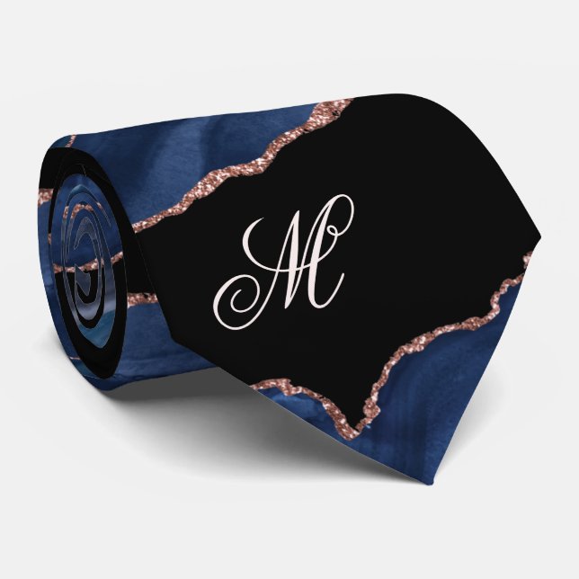 Agate Navy Blue Gold Glitzer Luxus Monogram Krawatte (Gerollt)