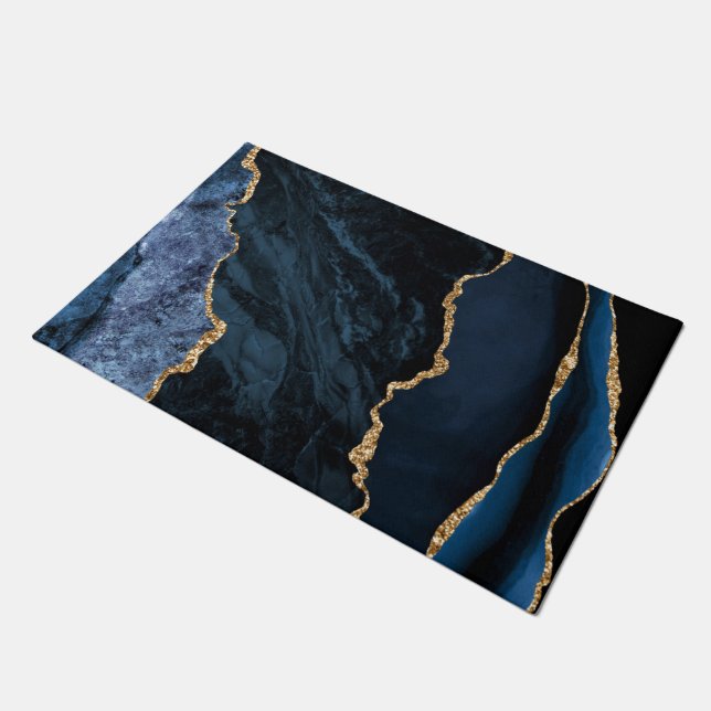 Agate Navy Blue Gold Glitzer Marmor Doormat Fußmatte (Schrägansicht)