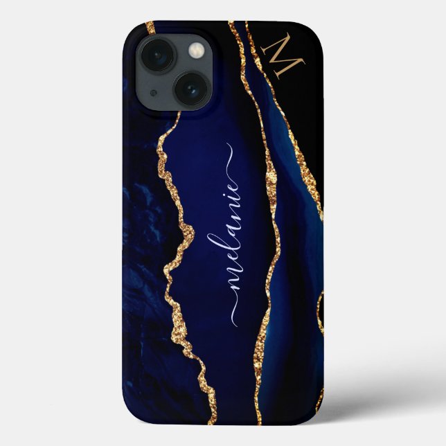 Agate Navy Blue Gold Glitzer Monogram iPhone Case (Rückseite)