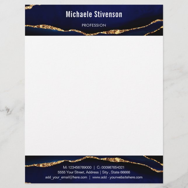 Agate Navy Blue Gold Ihr Personalisierter Letters Briefbogen (Vorderseite)
