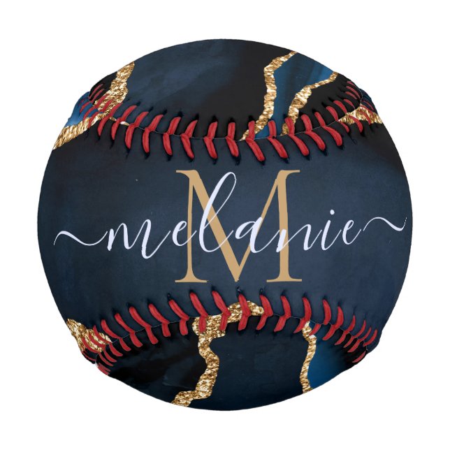 Agate Navy Blue Gold Individuelle Name Letter Base Baseball (Rückseite)