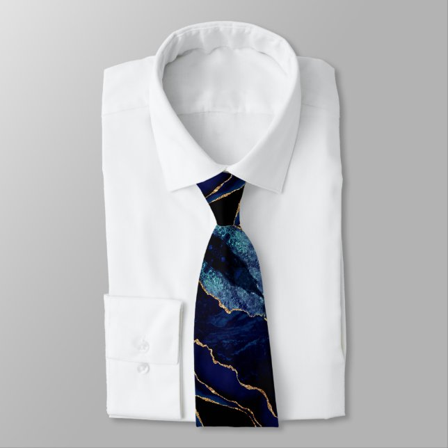 Agate Navy Blue Gold Marble Elegante Neck Tie Krawatte (Gebunden)